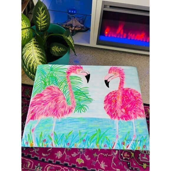 Flamingo Tray Table Hand Painted Coastal Original Vintage Rare Wood L19” W14” H2 - Picture 3 of 16